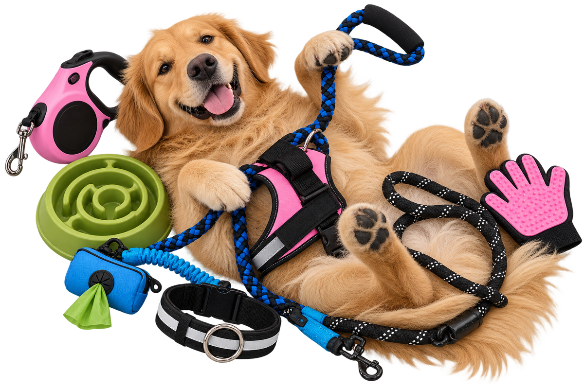 Golden retriever with Dogshaus products on a dog bed