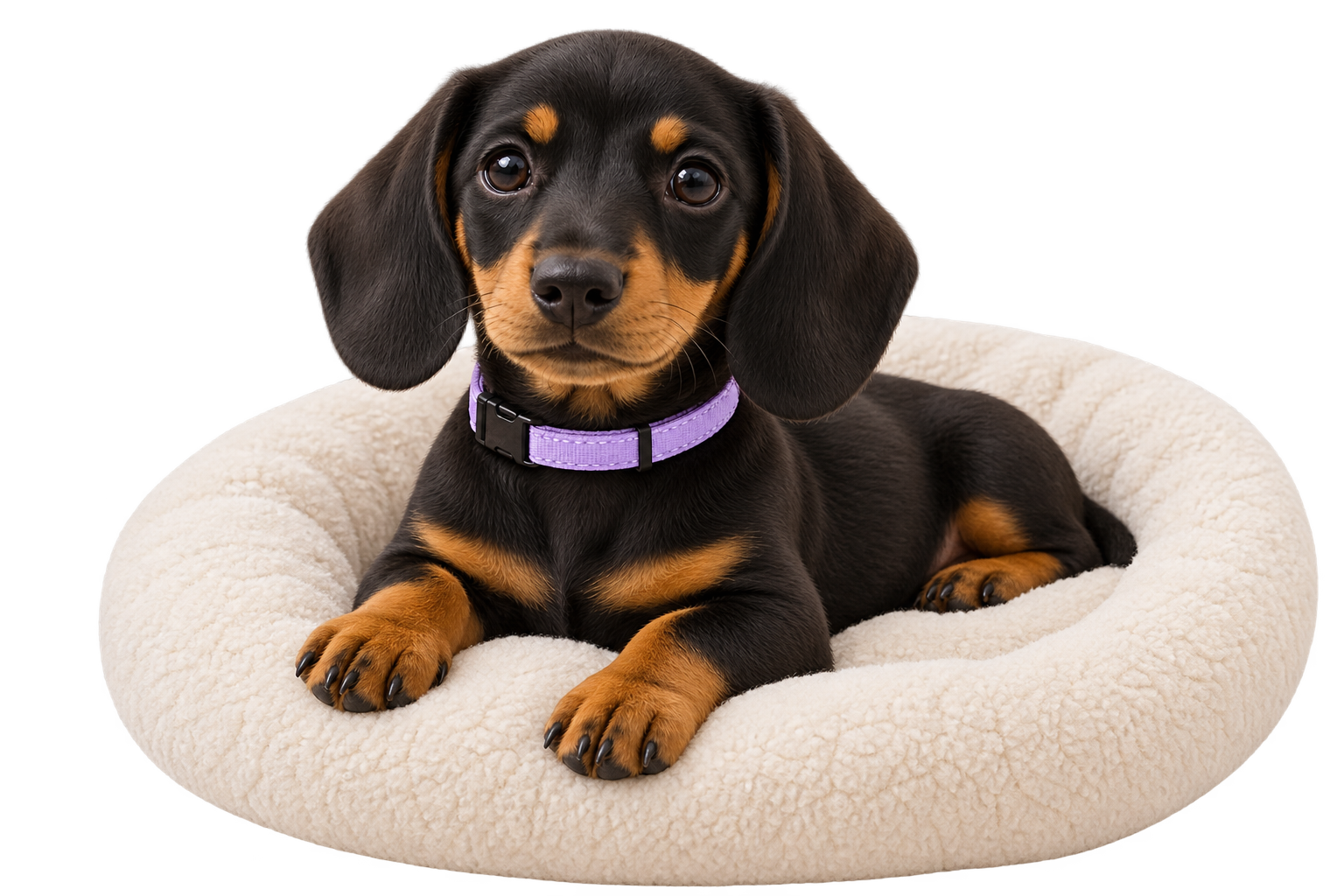 Dachshund puppy wearing a purple Dogshaus collar